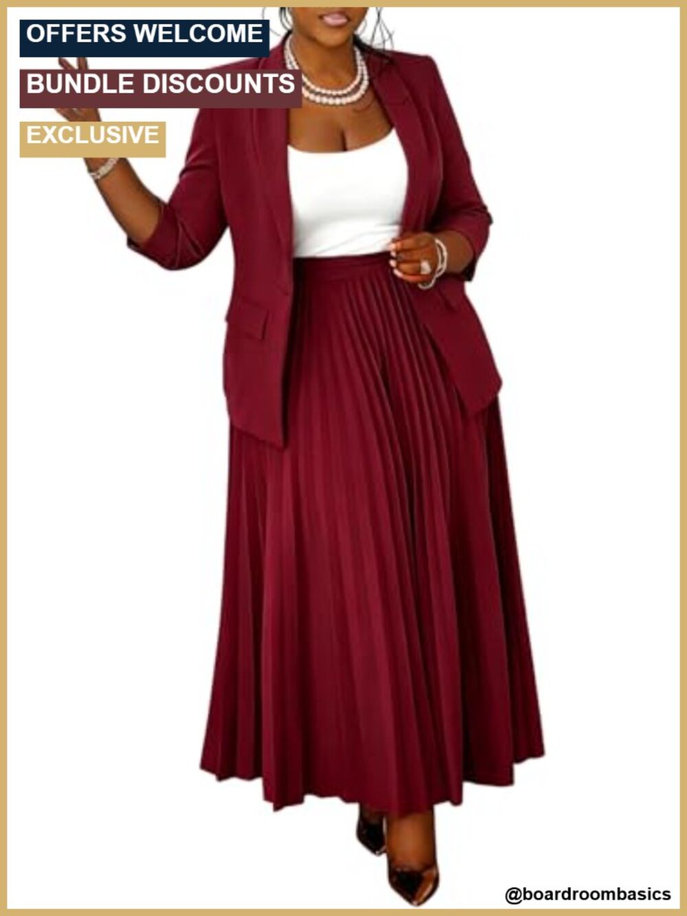 Women's Plus Size 2 Piece Blazer and Pleated Maxi Skirt Set Business Casual Suit